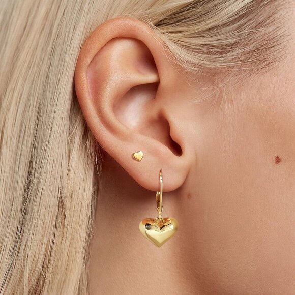 14K Gold-Puffed Heart Leverback Dangle Drop Hypoallergenic Earring for Women - Picture 5 of 7